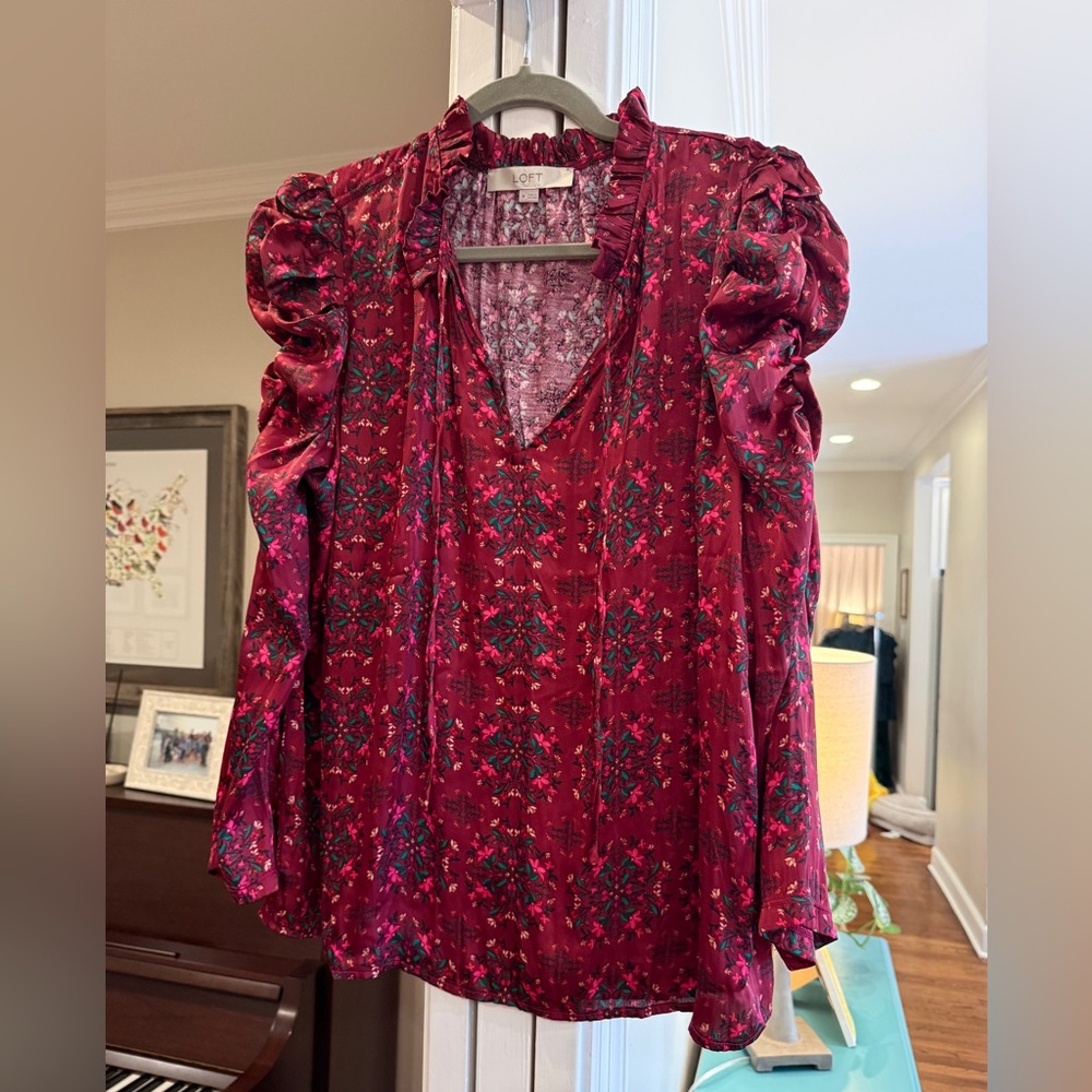 LOFT Burgundy Floral Blouse with Ruffle Sleeves